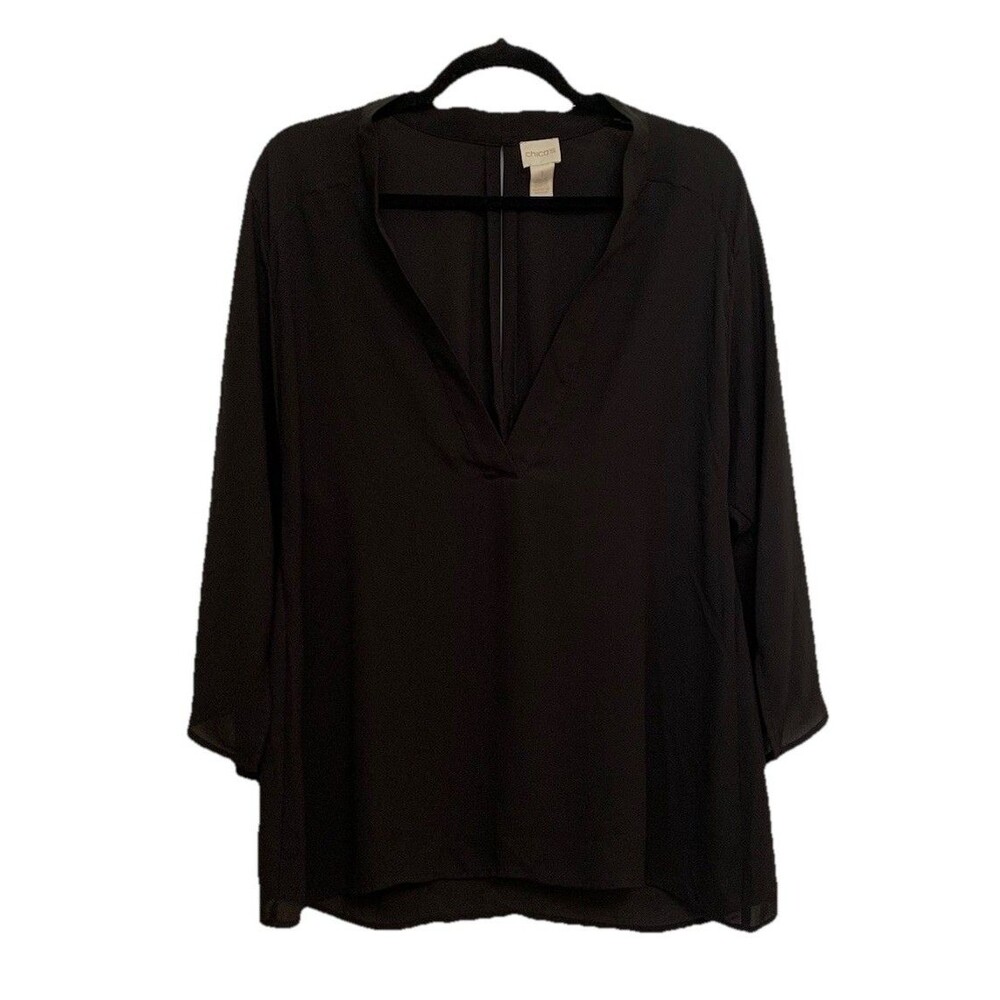 Chicos Size 1 Womens Medium Top Black Chiffon Low V Neck Split Arm Blouse
